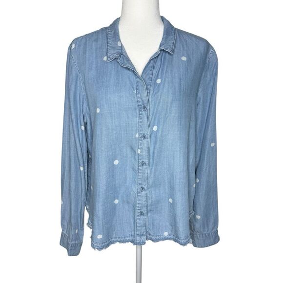Cloth‎ & Stone Top L Anthropologie Denim Chambray Polka Dot Button Up Shirt - Picture 1 of 8